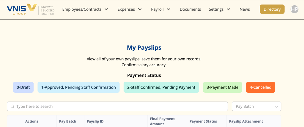Tính năng xem phiếu lương cá nhân, tổng hợp theo từng pay batch và payment status